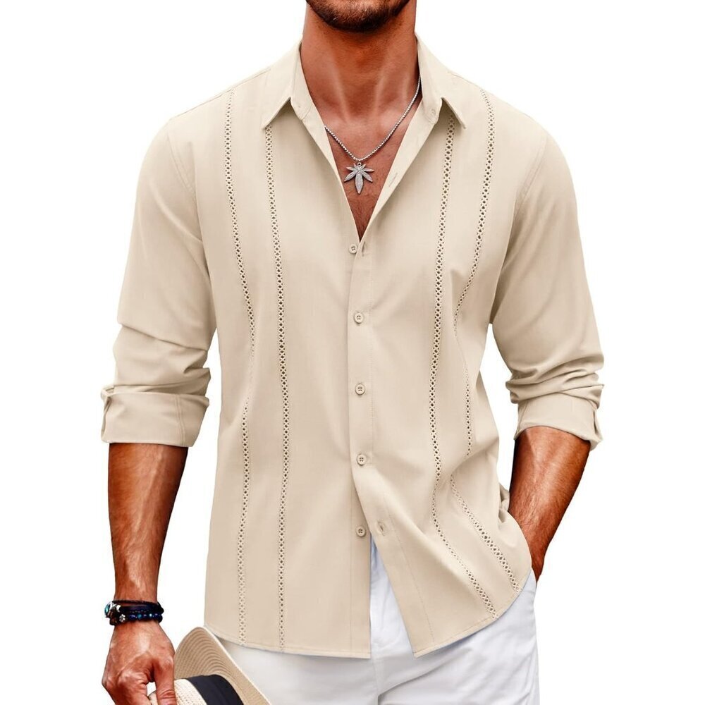 ❤️Mens Cream  Cuban Shirt Casual Button Down Shirts Long Sleeve Beach Shirts